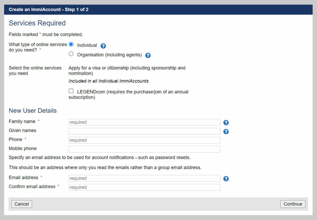 Create an ImmiAccount